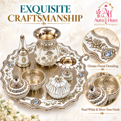 Aura & Hues Premium Royal Decorative Big Pooja Thali Set with 6 Essential Ritual Items - Elegant White Artisan Painted Centerpiece (30 x 30 cm)