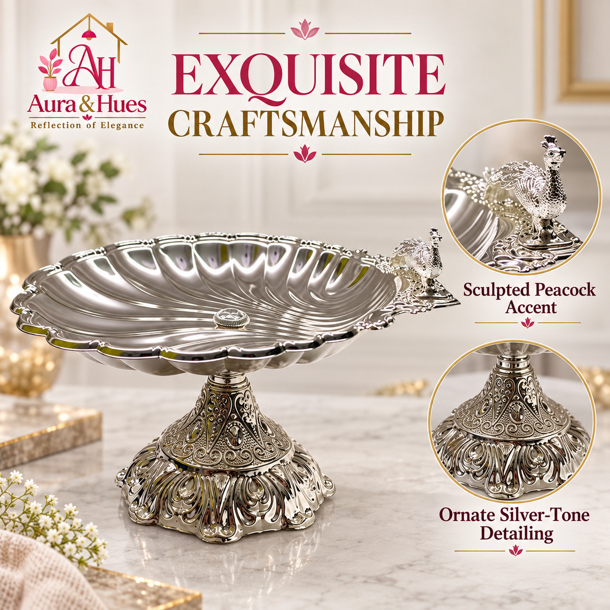 Aura & Hues Royal Large Footed Round Serving Platter and Cake Stand with Embossed Peacock Motif, Nut Bolt Fitting & Diamond Studs (Silver, 33.5 cm)
