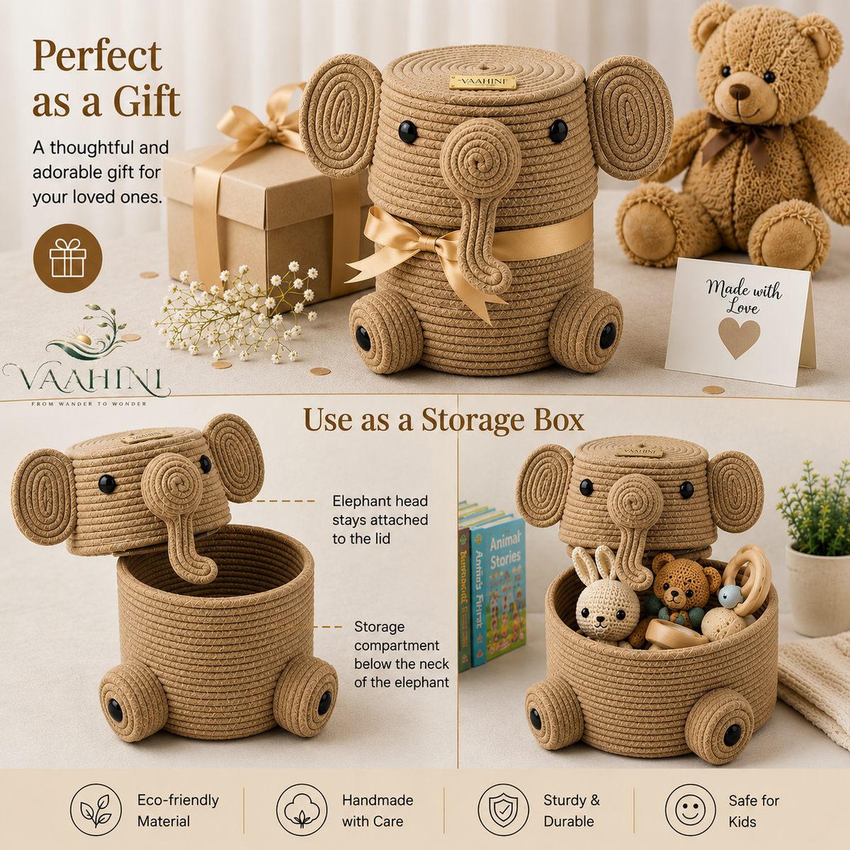 Elephant rope basket - gift and storage use infographic