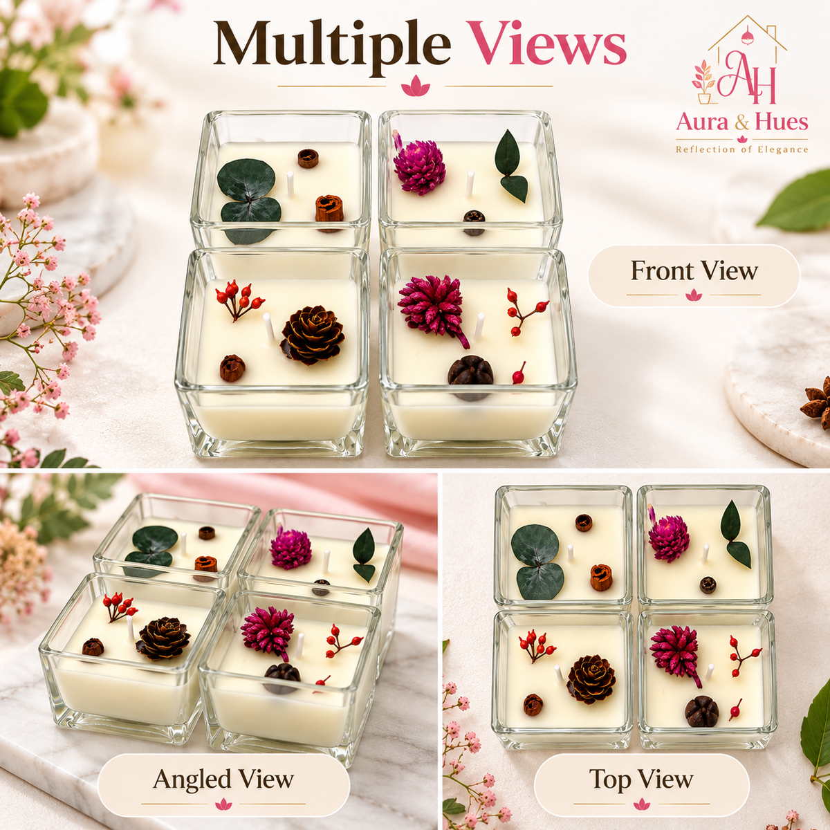Candles Square Shaped in Glass 4 Pcs. Set