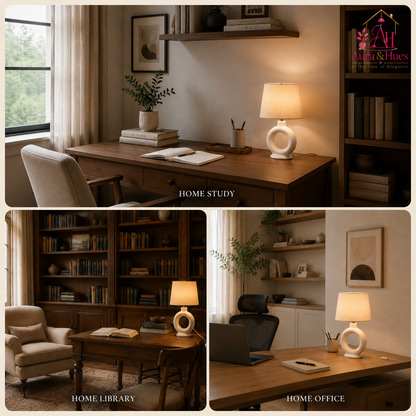 Aura & Hues Elegant Modern White Ceramic Table Lamp with Fabric Drum Shade for Living Room and Bedside Nightstand Decor
