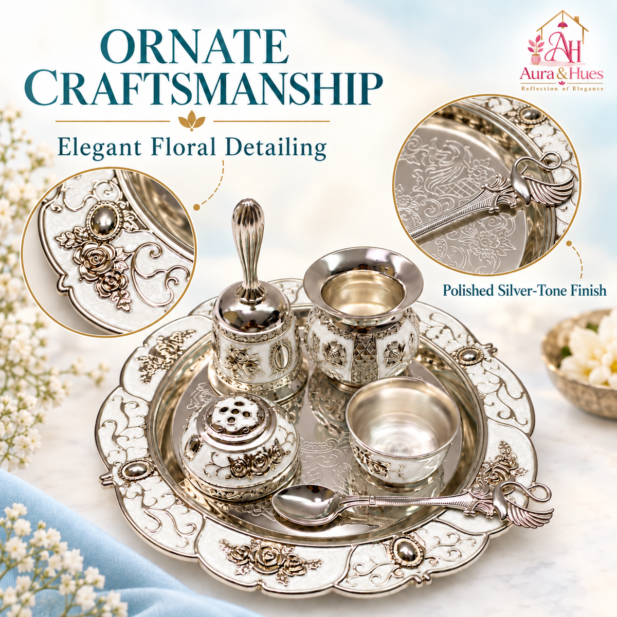 Aura & Hues Handcrafted Small Decorative Pooja Thali Gift Box Set with 5 Festive Accessories - Pristine White Pearl Enamel Finish (20.5 x 20.5 cm)
