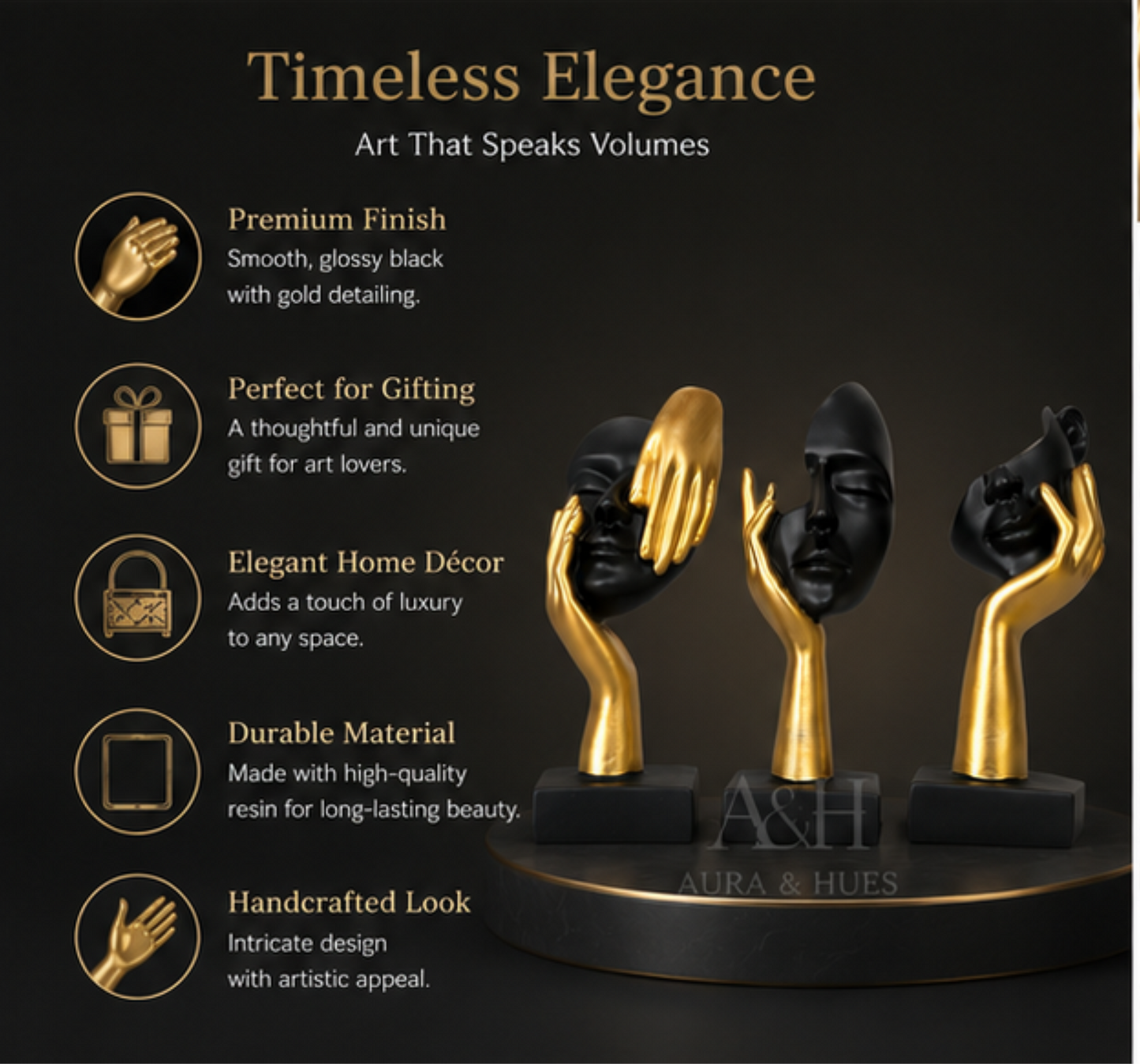 Abstract Face Sculpture Set – Black & Gold (Set of 3)