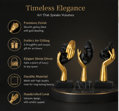 Abstract Face Sculpture Set – Black & Gold (Set of 3)
