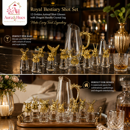 Aura & Hues Royal Golden Animal Head Shot Glasses Set of 6 with Decanter Jug and Serving Caddy for Luxury Barware Gifting