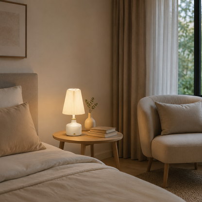 Aura & Hues PearlGlow Pleated Table Lamp Elegant Glossy Pearl White Ceramic Accent Light with Ivory Shade for Bedside & Living Room