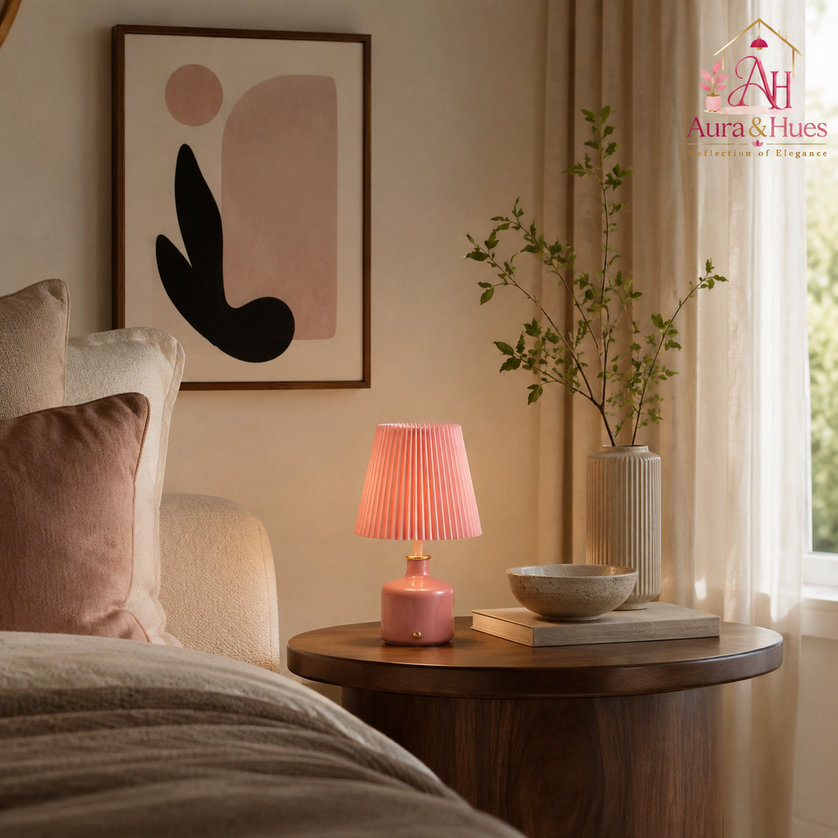 Aura & Hues Rosé Pleat Glow Ceramic Table Lamp Elegant Glossy Dusty Rose Accent Light with Blush Pleated Shade for Bedside & Vanity