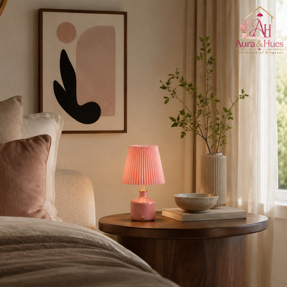 Aura & Hues Rosé Pleat Glow Ceramic Table Lamp Elegant Glossy Dusty Rose Accent Light with Blush Pleated Shade for Bedside & Vanity