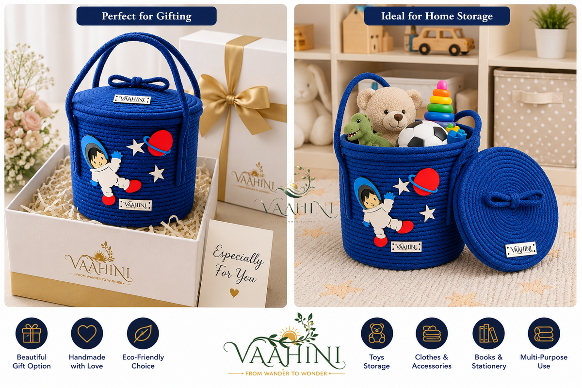 Vaahini Cotton Rope Kids Theme Handle Storage Basket With Lid - Astronaut (Blue)