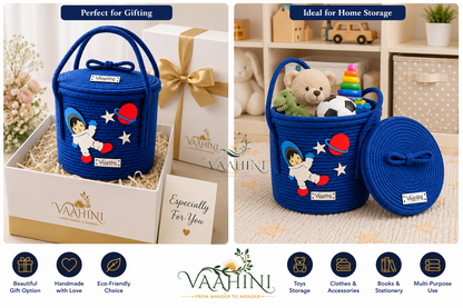 Vaahini Cotton Rope Kids Theme Handle Storage Basket With Lid - Astronaut (Blue)