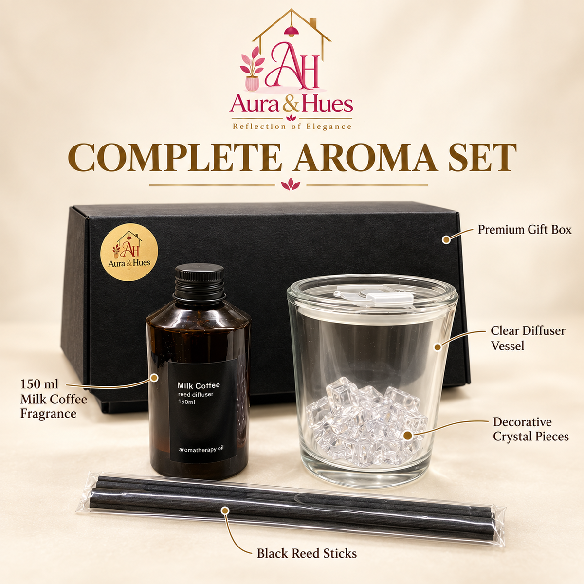 Aura & Hues Luxury Milk Coffee Aromatherapy Reed Diffuser Home Fragrance Gift Set with Natural Rattan Reeds and Black Glass Vessel (21.7 cm)