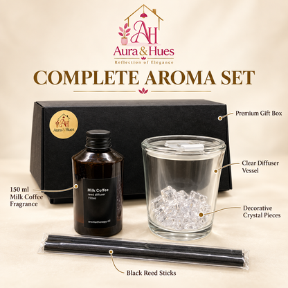 Aura & Hues Luxury Milk Coffee Aromatherapy Reed Diffuser Home Fragrance Gift Set with Natural Rattan Reeds and Black Glass Vessel (21.7 cm)