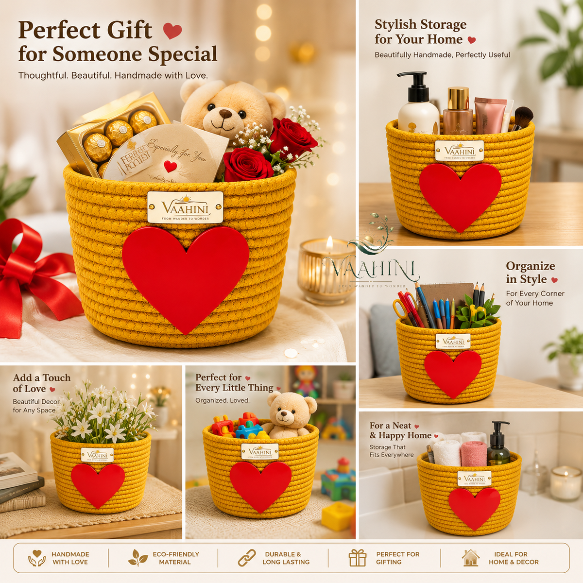Vaahini Cotton Rope Gift Basket with Heart - Close Up