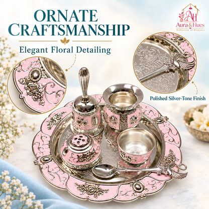Aura & Hues Handcrafted Small Decorative Pooja Thali Gift Box Set with 5 Festive Accessories - Elegant Light Pink Enamel Finish (20.5 x 20.5 cm)