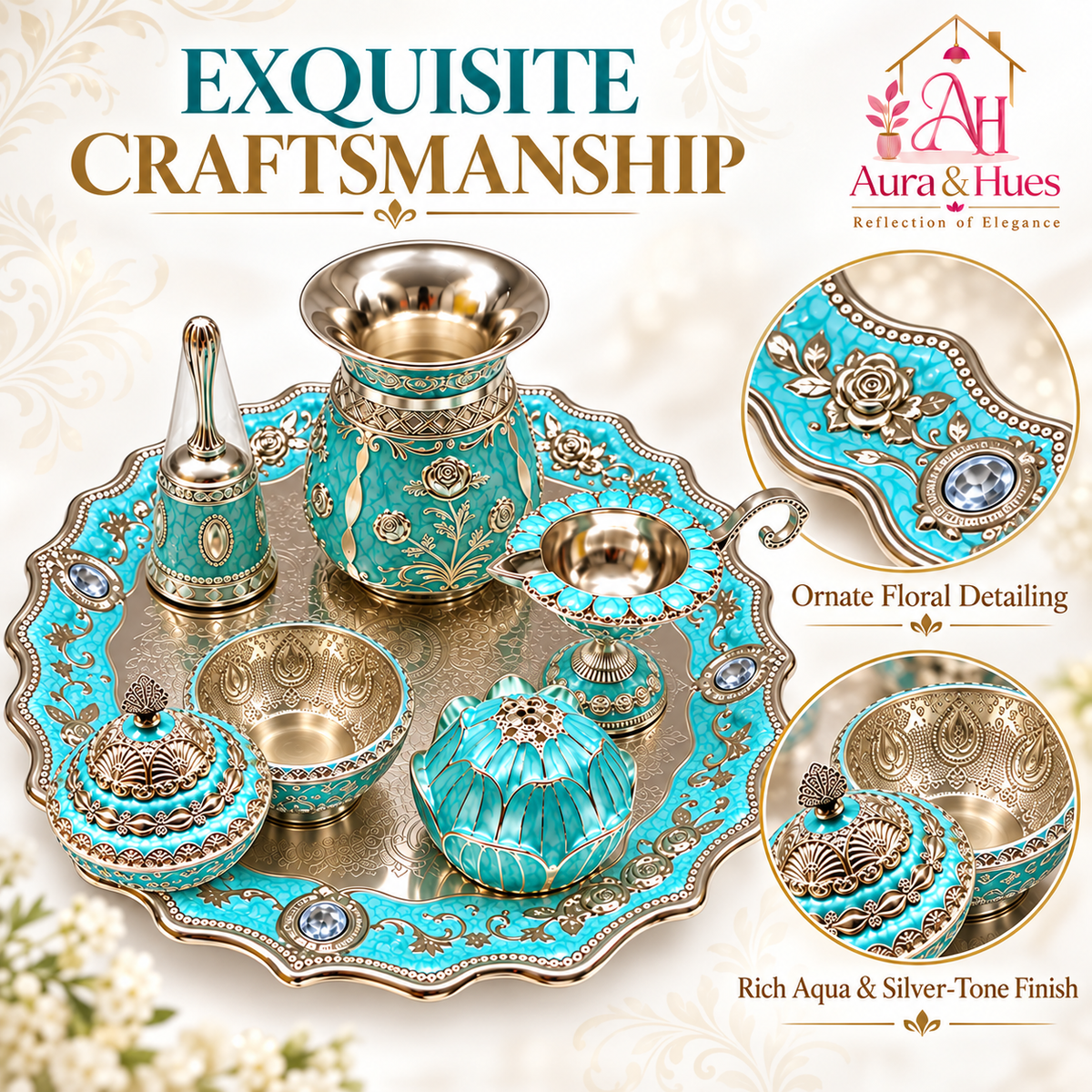 Aura & Hues Premium Royal Decorative Big Pooja Thali Set with 6 Essential Ritual Items - Light Blue Artisan Painted Centerpiece (30 x 30 cm)