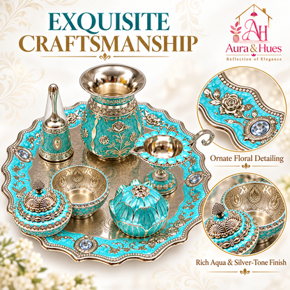 Aura & Hues Premium Royal Decorative Big Pooja Thali Set with 6 Essential Ritual Items - Light Blue Artisan Painted Centerpiece (30 x 30 cm)