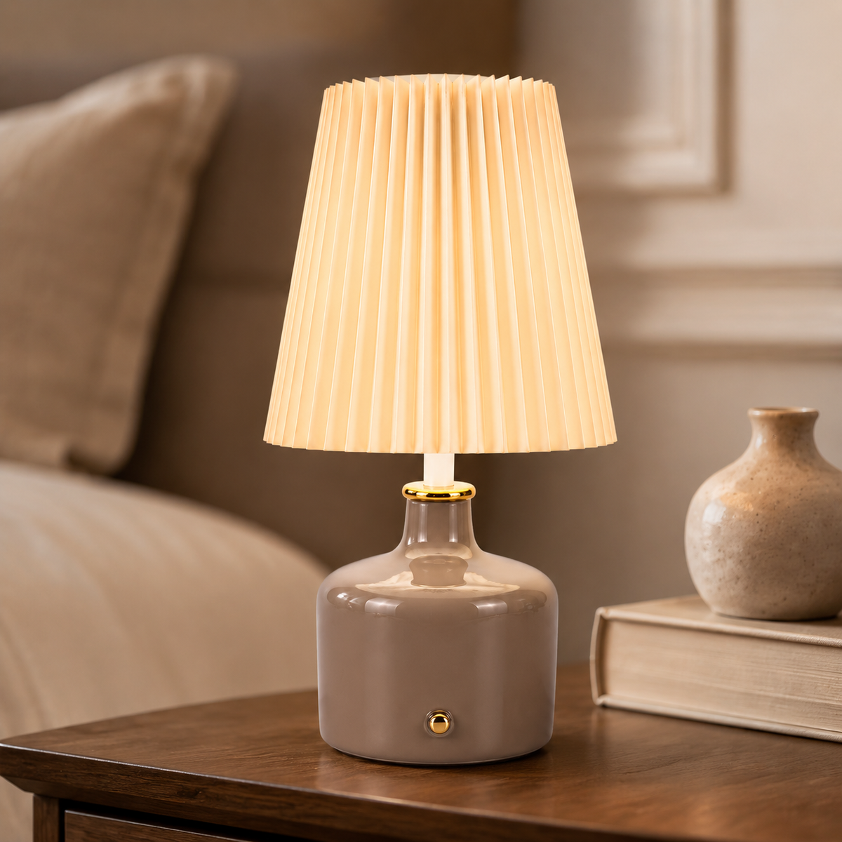 Aura & Hues Lumora Pleat Table Lamp Elegant Sculptural Ceramic Accent Lighting with Cream Pleated Shade for Bedside and Living Decor