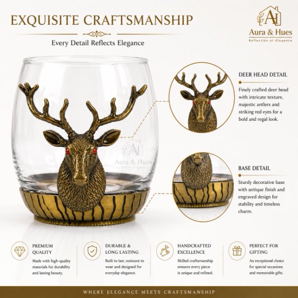 Premium Luxury Whisky Tumbler Glasses with Metal Deer Head & Base Set of 2, Designer Scotch, Bourbon & Cocktail Glasses