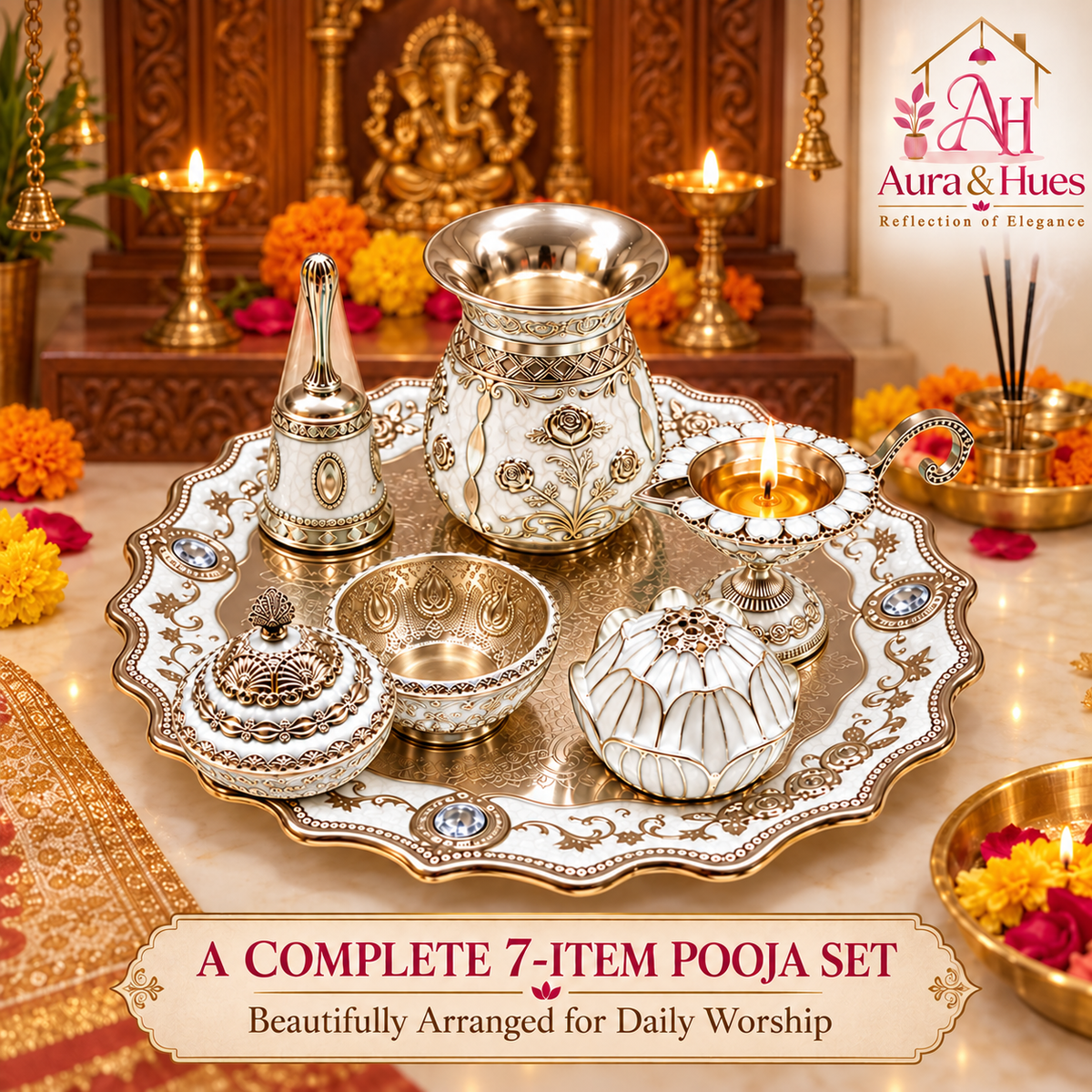 Aura & Hues Premium Royal Decorative Big Pooja Thali Set with 6 Essential Ritual Items - Elegant White Artisan Painted Centerpiece (30 x 30 cm)