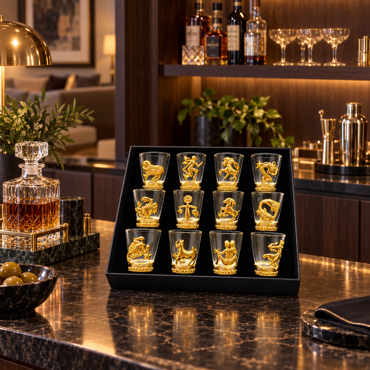 Aura & Hues 12-Piece Zodiac Sign Golden Shot Glass Set with Luxury Gift Box - 40ml