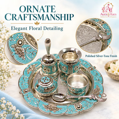 Aura & Hues Handcrafted Small Decorative Pooja Thali Gift Box Set with 5 Festive Accessories - Elegant Light Blue Enamel Finish (20.5 x 20.5 cm)