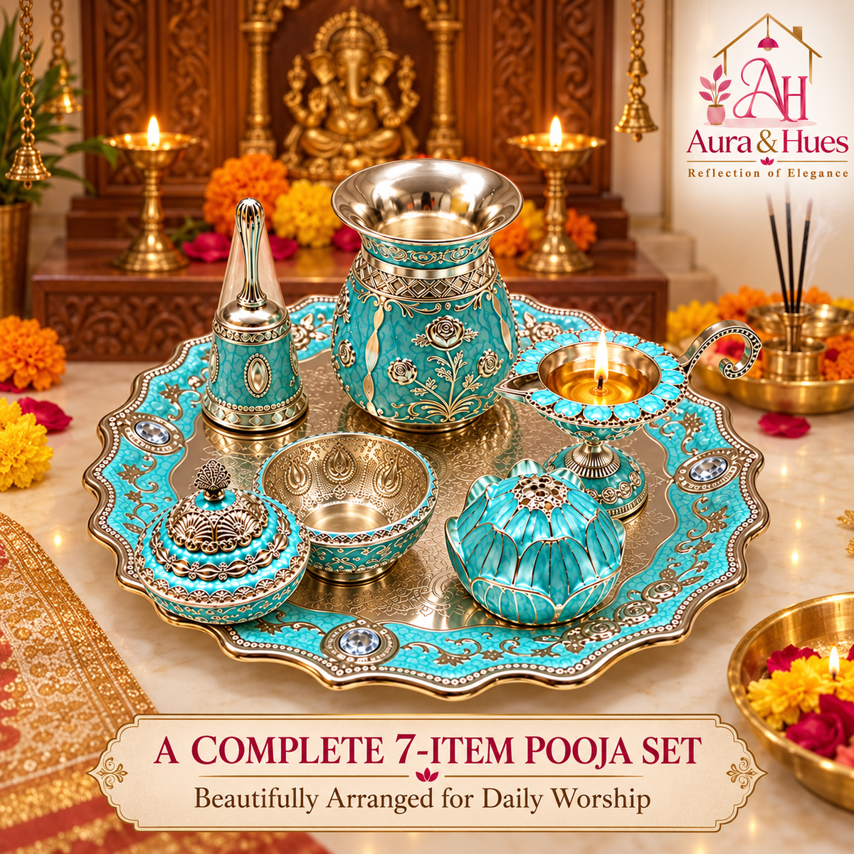 Aura & Hues Premium Royal Decorative Big Pooja Thali Set with 6 Essential Ritual Items - Light Blue Artisan Painted Centerpiece (30 x 30 cm)