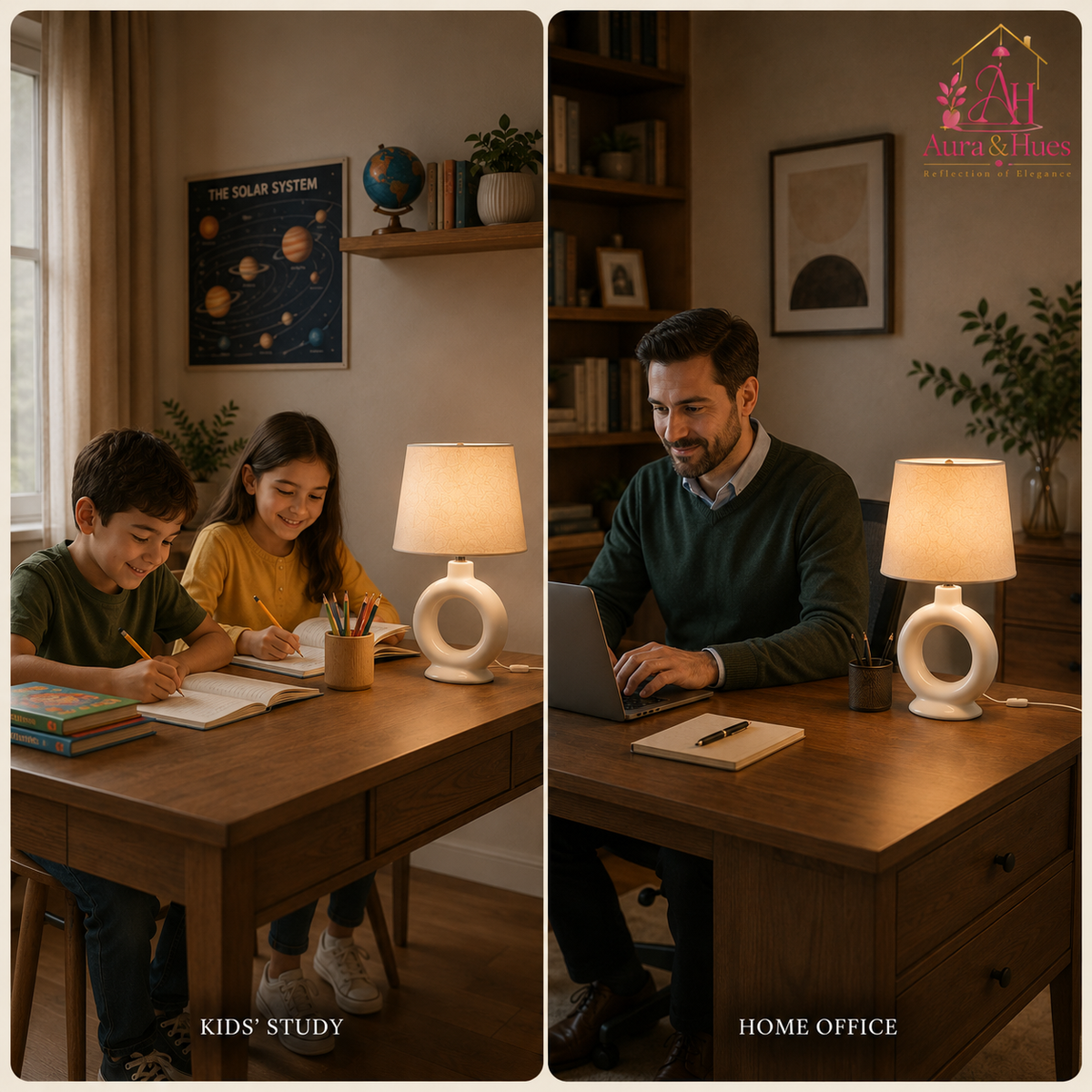 Aura & Hues Elegant Modern White Ceramic Table Lamp with Fabric Drum Shade for Living Room and Bedside Nightstand Decor