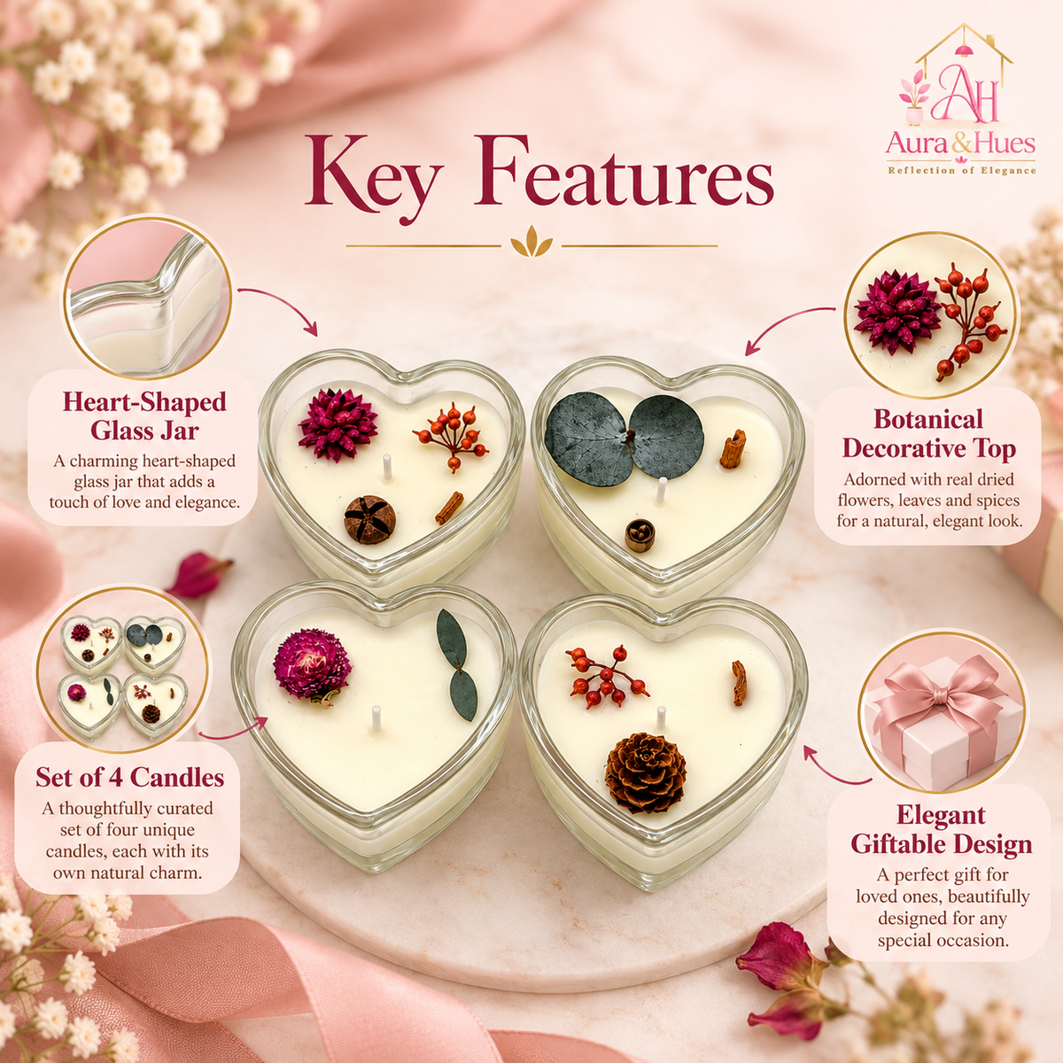 Candles Heart Shaped in Glass 4 Pcs. Set