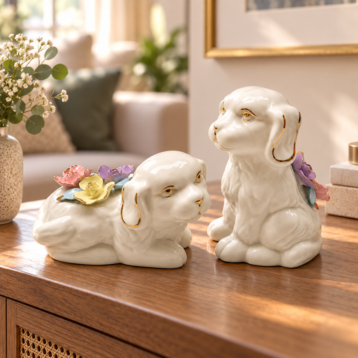Aura & Hues 12-Inch Handcrafted Porcelain Dog Statue - Ivory White & Gold Accent Figurine