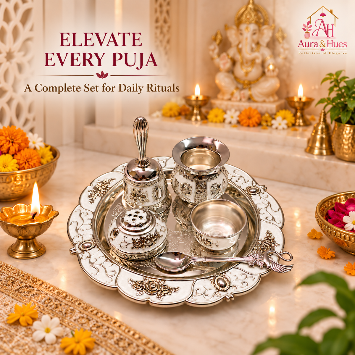 Aura & Hues Handcrafted Small Decorative Pooja Thali Gift Box Set with 5 Festive Accessories - Pristine White Pearl Enamel Finish (20.5 x 20.5 cm)