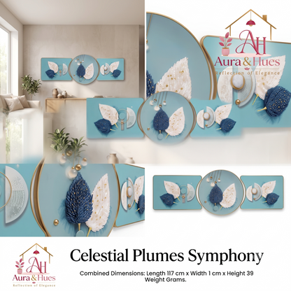 Aura & Hues 3-Piece Dual Feather Crystal Glass Wall Painting Set - 48x16 Inches