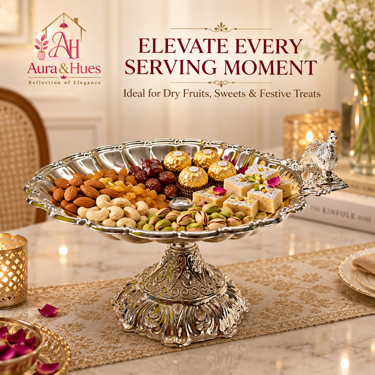 Aura & Hues Royal Large Footed Round Serving Platter and Cake Stand with Embossed Peacock Motif, Nut Bolt Fitting & Diamond Studs (Silver, 33.5 cm)