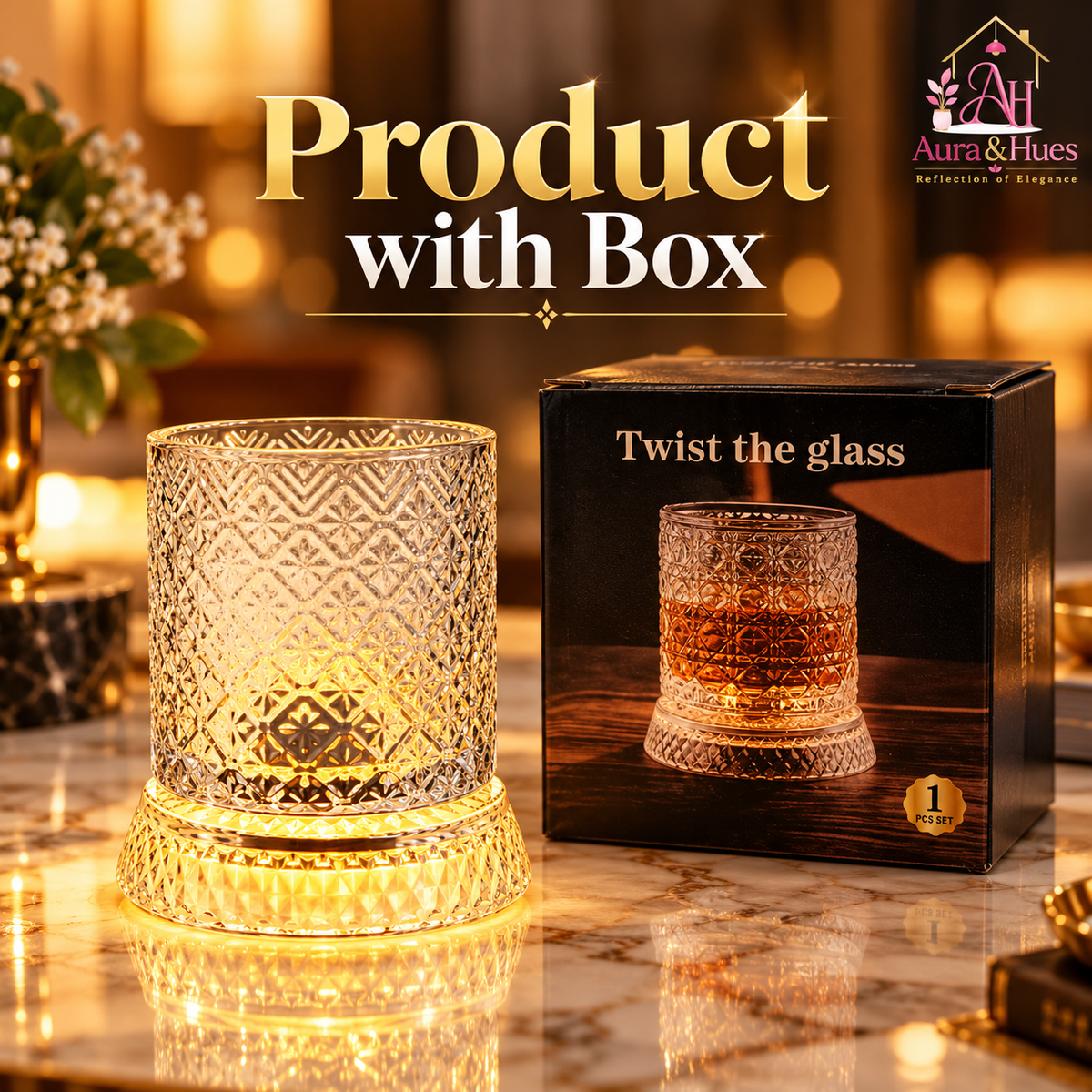 Aura & Hues Luxury Twist Whiskey Glass with Embossed Stars Pattern Single Cocktail and Rocks Tumbler for Home Bar and Gifting
