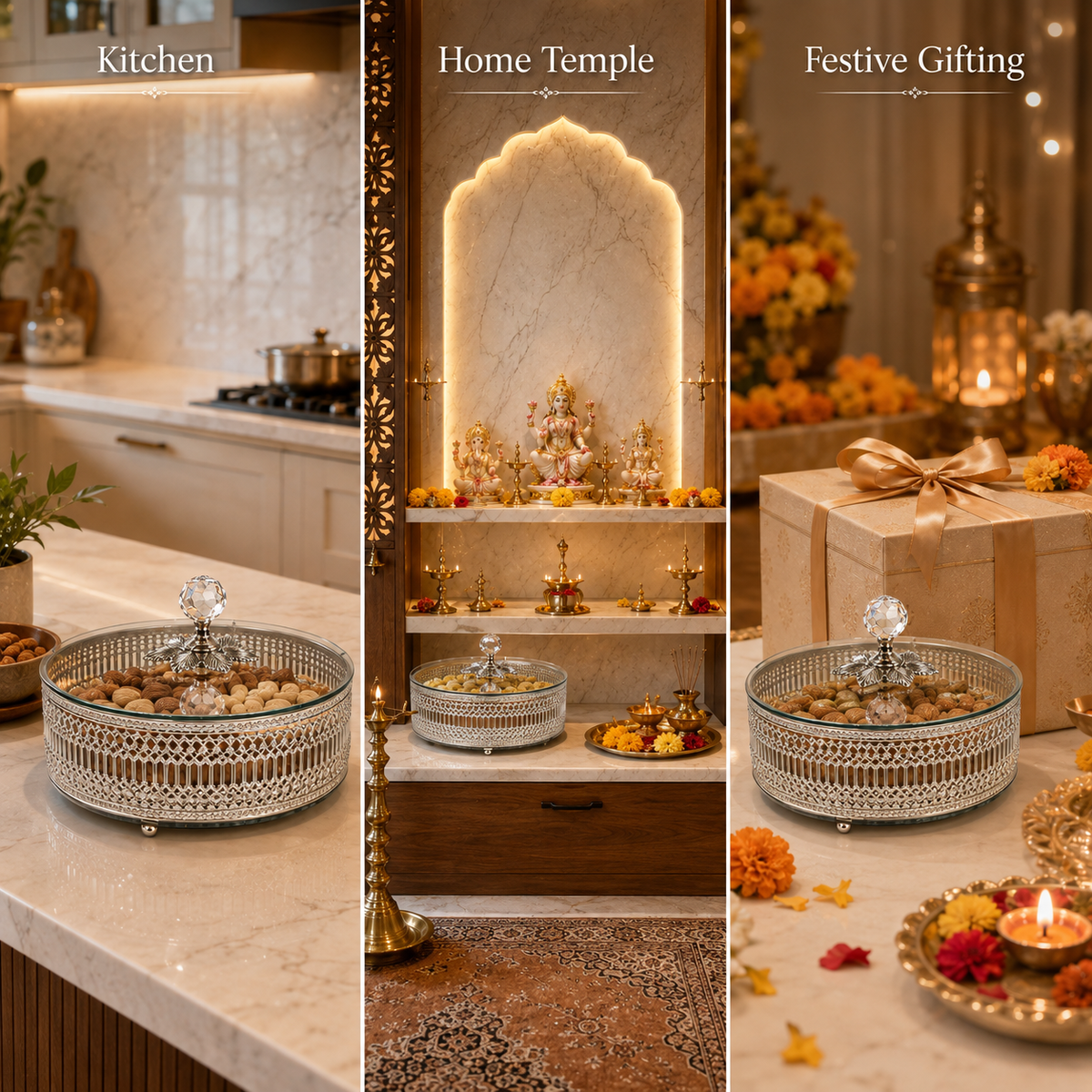 Aura & Hues Celestia Crystal-Lid Silver Keepsake Box Round Metal Decorative Box with Mirrored Base and Glass Lid for Dry Fruits and Jewellery