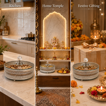 Aura & Hues Celestia Crystal-Lid Silver Keepsake Box Round Metal Decorative Box with Mirrored Base and Glass Lid for Dry Fruits and Jewellery