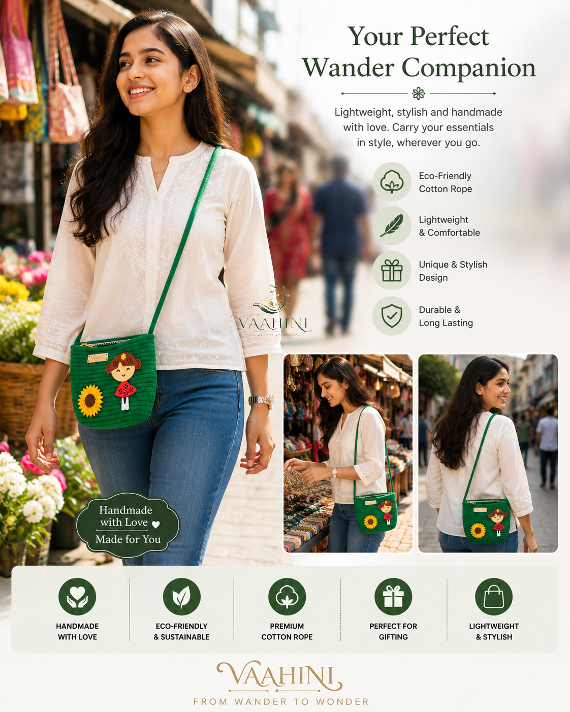 Vaahini Cotton Rope Doll Sling Bag Green - Dimensions and details