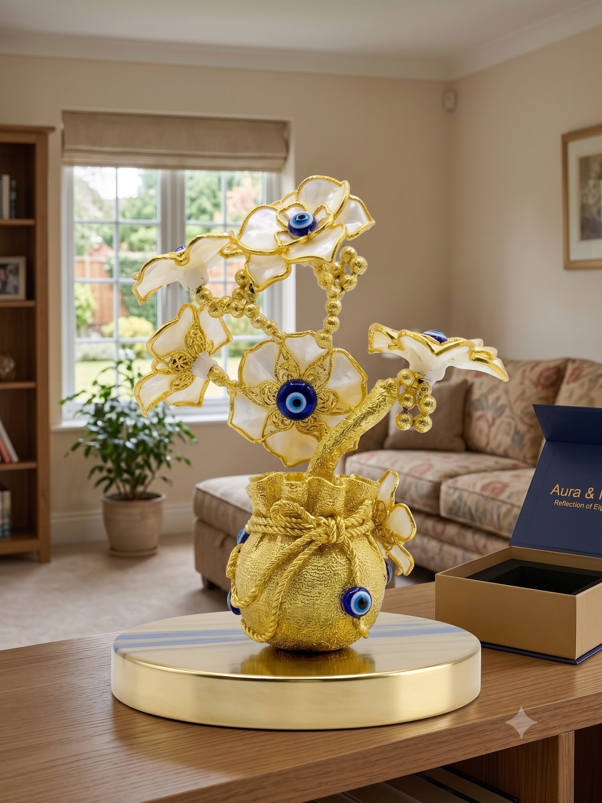 Aura & Hues 6.5-Inch Feng Shui Evil Eye Tree with Mini Money Potli Base - Blue & Gold