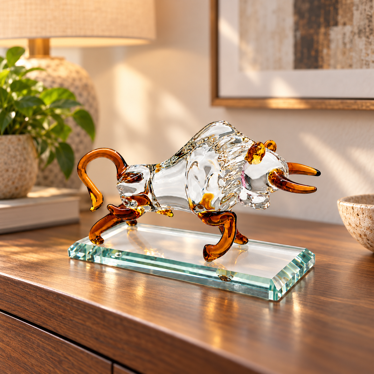 Aura & Hues 7-Inch Feng Shui Charging Crystal Bull Figurine - Transparent Glass Sculpture