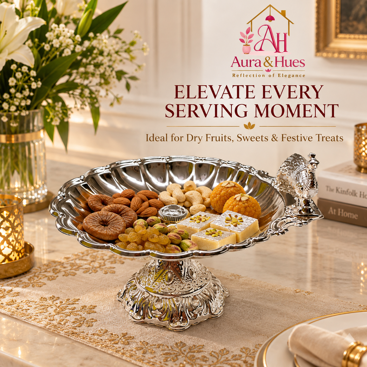 Aura & Hues Elegant Small Footed Round Serving Platter Pedestal Stand with Majestic Peacock Engraving & Nut Bolt Assembly (Silver, 22.5 cm)