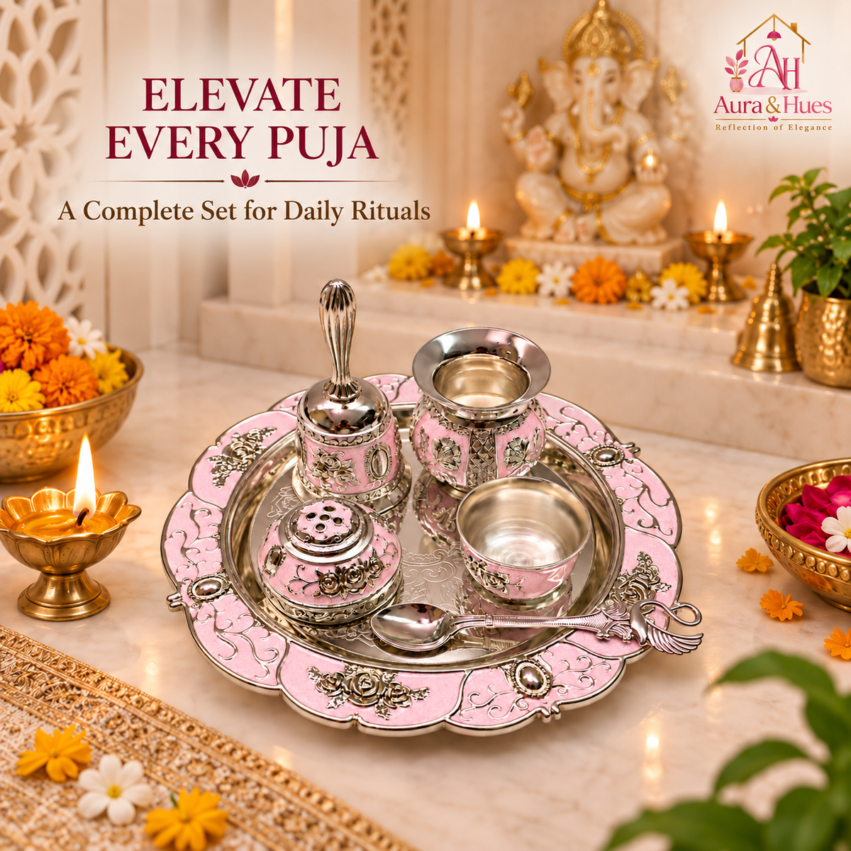 Aura & Hues Handcrafted Small Decorative Pooja Thali Gift Box Set with 5 Festive Accessories - Elegant Light Pink Enamel Finish (20.5 x 20.5 cm)