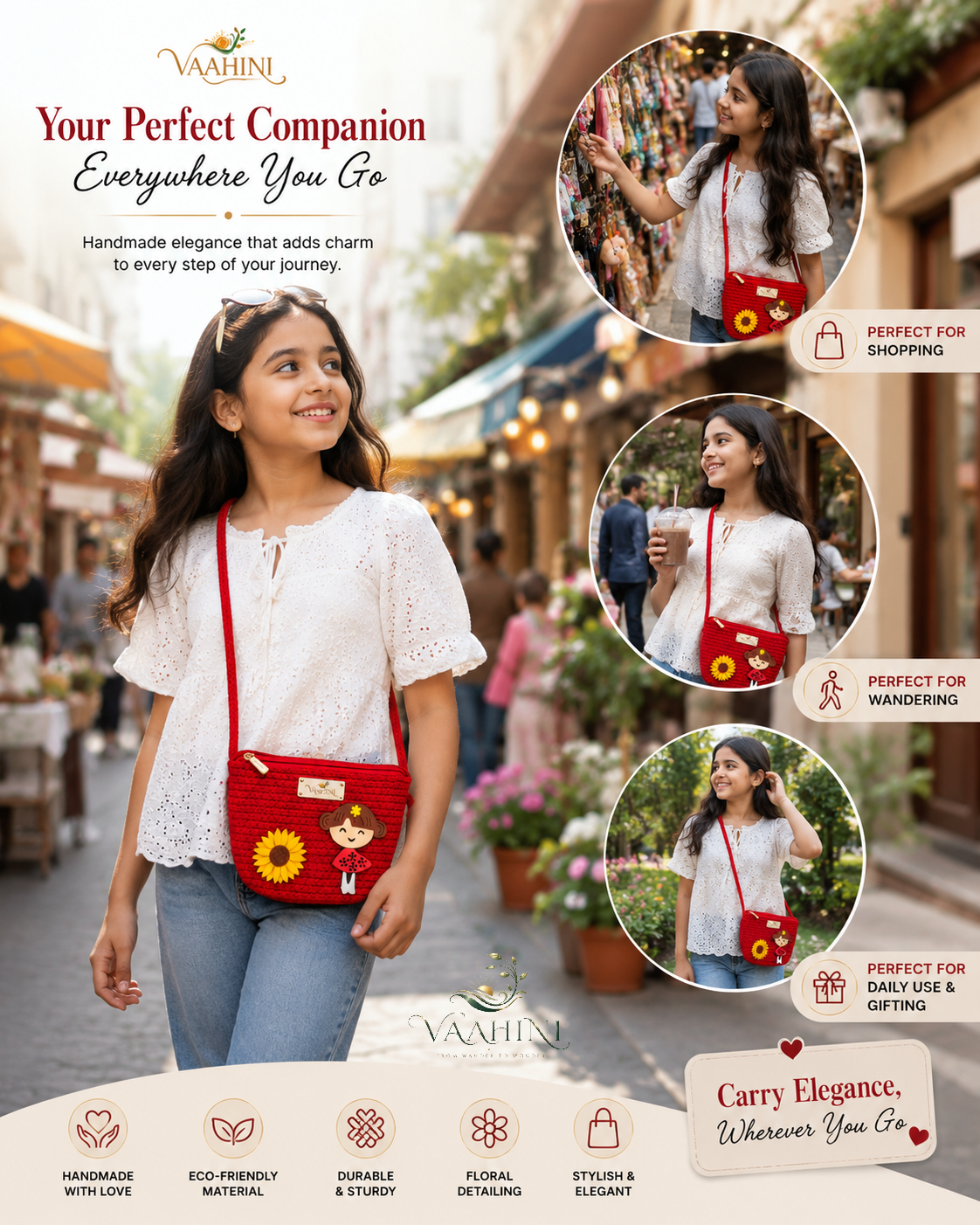 Vaahini Cotton Rope Doll Sling Bag Red - Front View 3