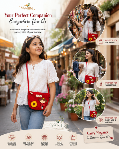Vaahini Cotton Rope Doll Sling Bag Red - Front View 3