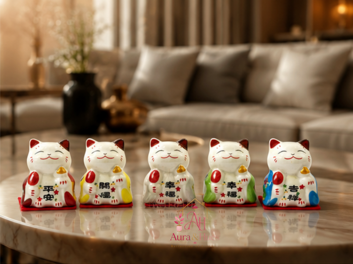 Lucky Cat Set of 5 | Maneki Neko Ceramic Figurines