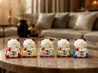 Lucky Cat Set of 5 | Maneki Neko Ceramic Figurines