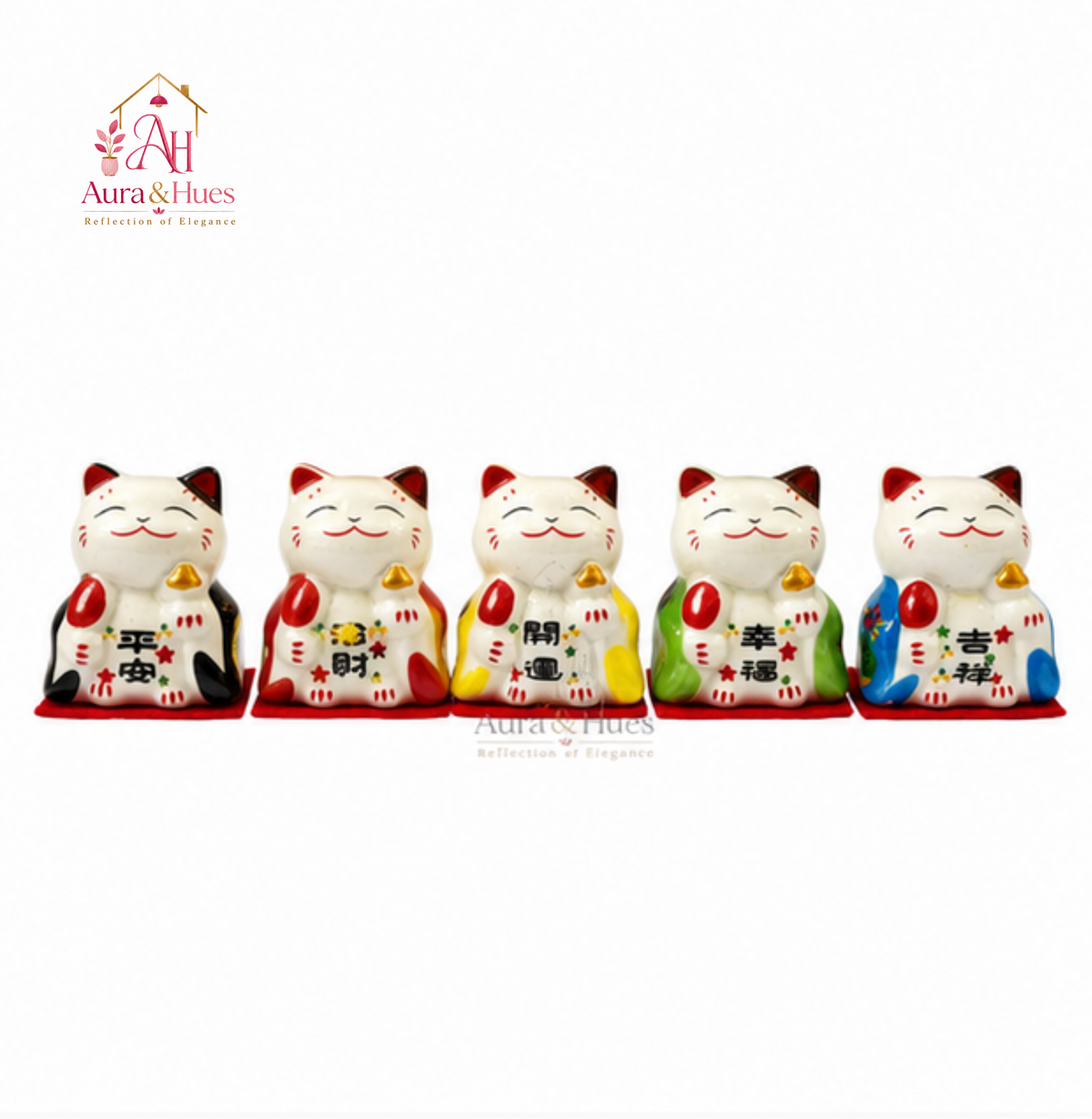 Lucky Cat Set of 5 | Maneki Neko Ceramic Figurines