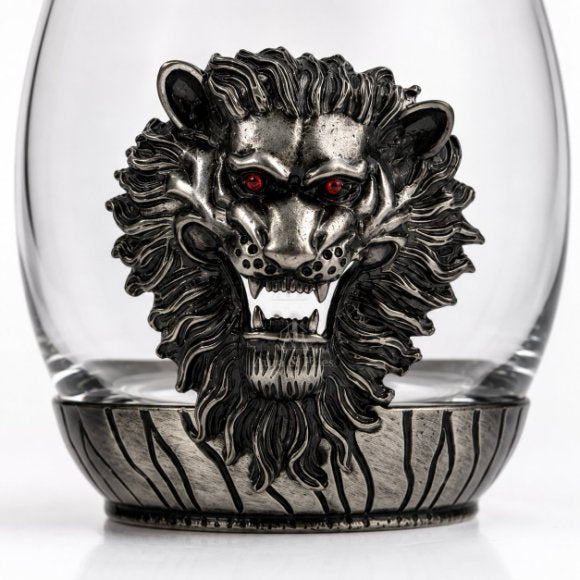 Premium Luxury Whisky Tumbler Glasses with Metal Lion Head & Base Set of 2, Designer Scotch, Bourbon & Cocktail Glasses