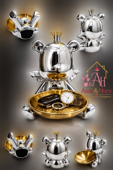 Royal Bear Silver Decorative Statue with Multipurpose Golden Tray