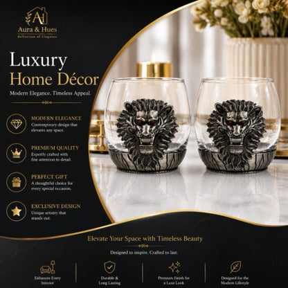 Premium Luxury Whisky Tumbler Glasses with Metal Lion Head & Base Set of 2, Designer Scotch, Bourbon & Cocktail Glasses