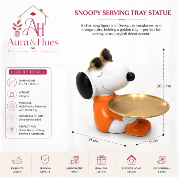 Cute Snoopy Inspired Dog Figurine Showpiece with Metal Tray