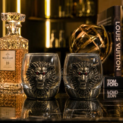 Premium Luxury Whisky Tumbler Glasses with Metal Lion Head & Base Set of 2, Designer Scotch, Bourbon & Cocktail Glasses